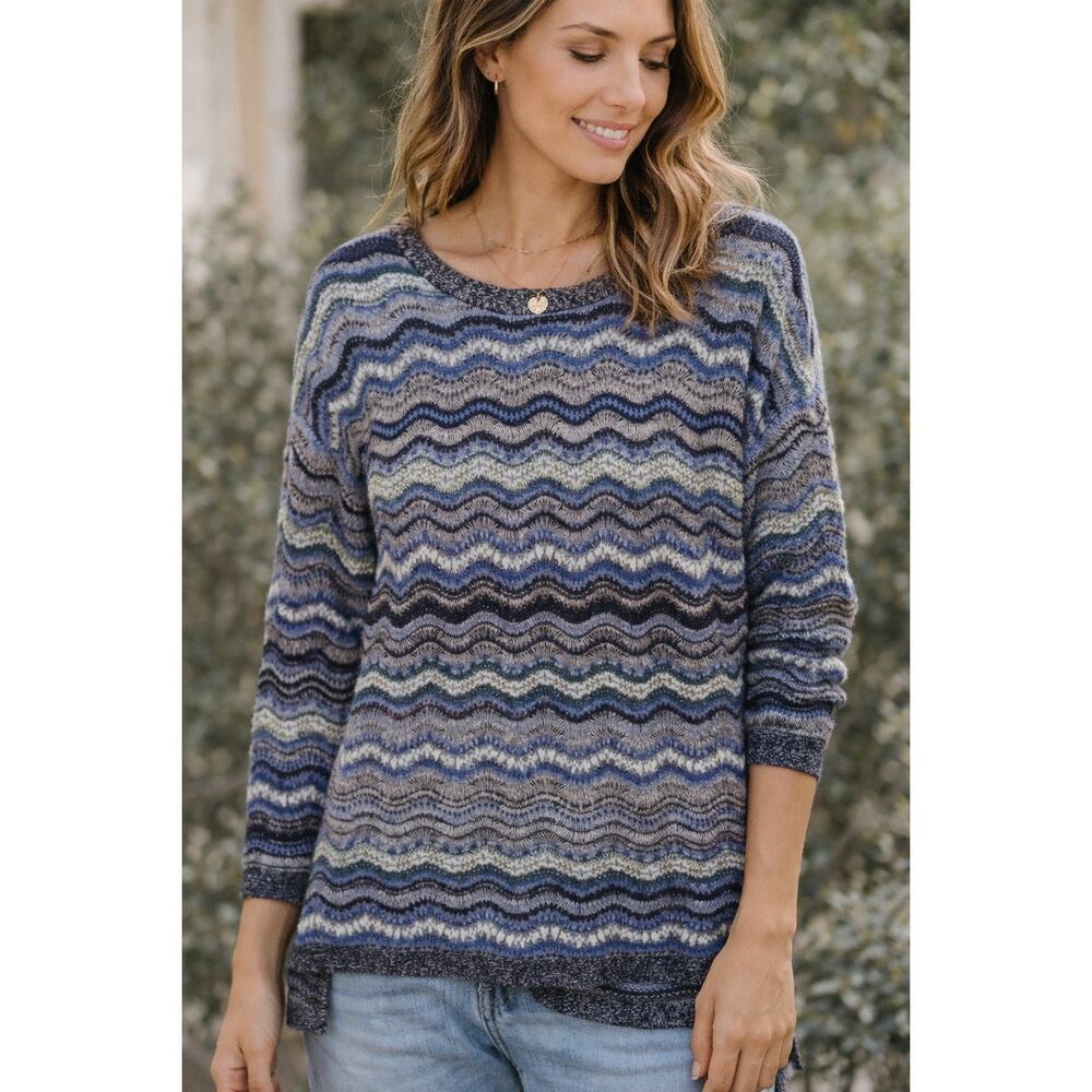 J. Jill blue wave knit chevron pullover crewneck Cotton Blend Sweater, Small